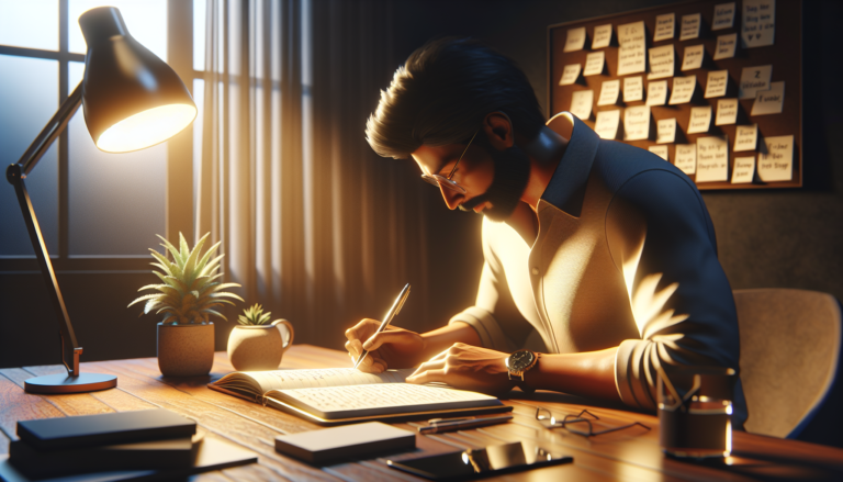 Un bureau moderne et cosy avec un journal ouvert sur des affirmations manuscrites, une plante en pot à côté, des notes motivantes au mur, et une lumière douce créant une ambiance positive et sereine.