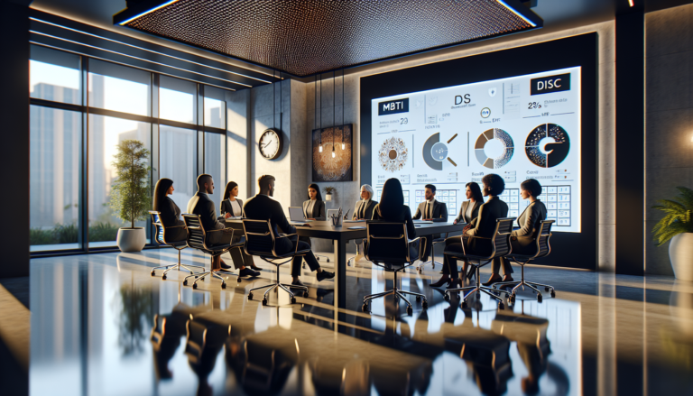 Professionnels divers discutant autour d'une table de conférence dans un bureau moderne avec des résultats de tests de personnalité comme MBTI, DISC et OCEAN affichés à l'arrière-plan.