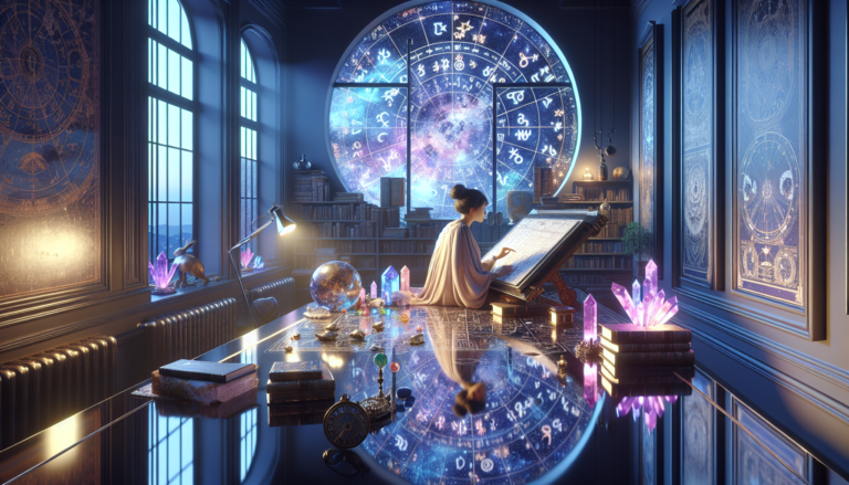 Scène sereine d'un espace d'étude mystique avec un grand tableau astrologique, des cristaux colorés et des livres anciens, éclairé par une lumière douce et une vue sur un ciel étoilé.