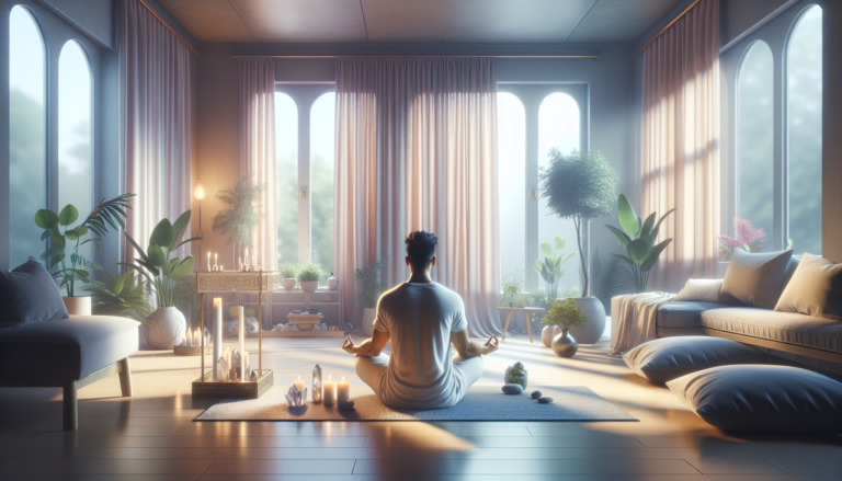 Personne méditant sur un tapis de yoga dans une salle sereine et lumineuse avec des plantes et un autel, ambiance moderne et apaisante.