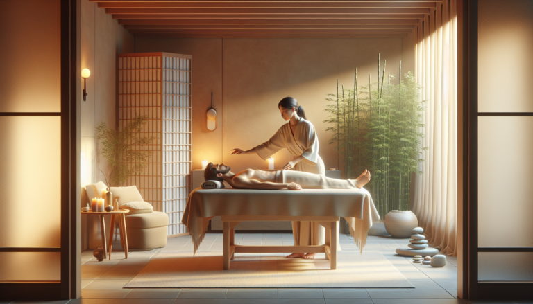 Séance de Reiki thérapeutique dans une chambre paisible avec un praticien plaçant ses mains au-dessus du front d'un client, entouré de plantes en bambou et d'une fontaine d'eau, créant une ambiance calme et relaxante.