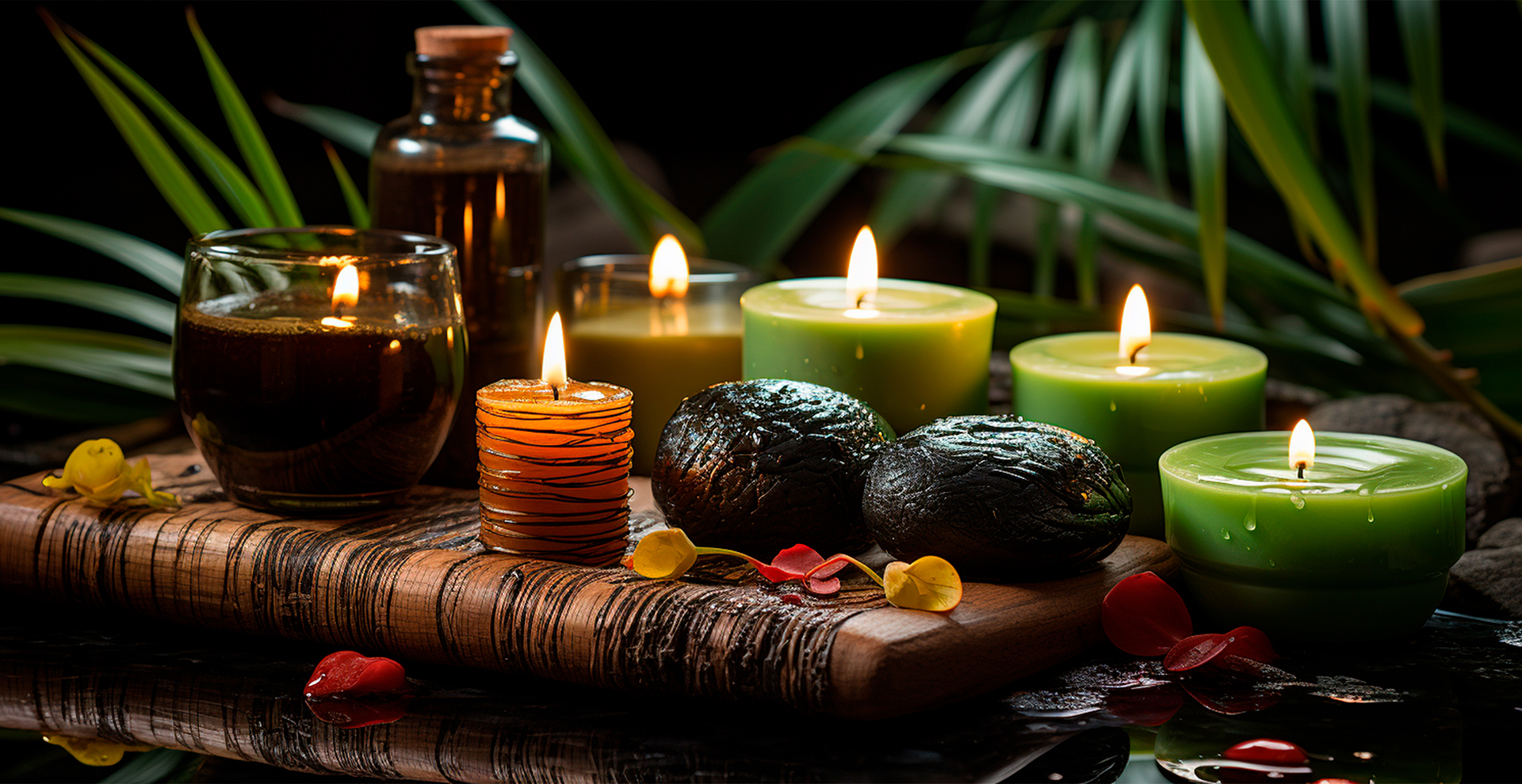 Wellness decoration, spa massage, oil on stone background. Zen, relaxation concept - AI generated image